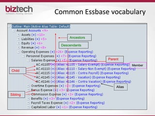 Common Essbase vocabulary


               Ancestors

           Descendants



                           Parent
                                       Member
Child



                               Alias

Sibling
 