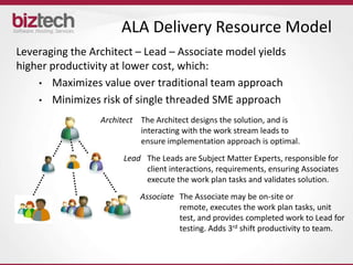 ALA Delivery Resource Model
Leveraging the Architect – Lead – Associate model yields
higher productivity at lower cost, which:
    • Maximizes value over traditional team approach
    • Minimizes risk of single threaded SME approach

                 Architect The Architect designs the solution, and is
                           interacting with the work stream leads to
                           ensure implementation approach is optimal.
                       Lead The Leads are Subject Matter Experts, responsible for
                            client interactions, requirements, ensuring Associates
                            execute the work plan tasks and validates solution.
                           Associate The Associate may be on-site or
                                     remote, executes the work plan tasks, unit
                                     test, and provides completed work to Lead for
                                     testing. Adds 3rd shift productivity to team.
 