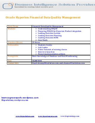 Oracle Hyperion Financial Data Quality Management

     Topic Name                 Financial Data Quality Management
     Modules                        Understanding FDQM
                                    Preparing FDQM for Hyperion Product integration
                                    Loading Data into Essbase
                                    Loading Data into Planning
                                    Loading Data into HFM
                                    Case Study
     Duration (Hours)           25 Hours
     Deliverables                   Students Guides
                                    Lab Guides
                                    Video Tutorials of missing classes
                                    Interview Question
                                    Project implementation artifacts
     Prerequisite               Basic knowledge of Database and Data Warehousing

     Fees                       10,000 INR
     Contact Info               Kapil.devang@bisolutions.com,amit.sharma@bisolutions.com




learncognosreports.wordpress.com
Bispsolutions.wordpress.com




              www.bispsolutions.com   www.hyperionguru.com    www.bisptrainings.com
 