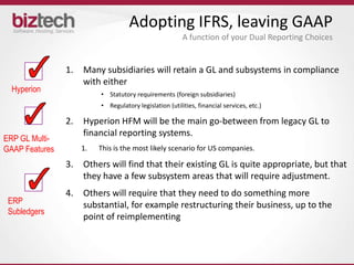Adopting IFRS, leaving GAAP
                                                         A function of your Dual Reporting Choices


                1.   Many subsidiaries will retain a GL and subsystems in compliance
                     with either
  Hyperion
                          • Statutory requirements (foreign subsidiaries)
                          • Regulatory legislation (utilities, financial services, etc.)

                2.   Hyperion HFM will be the main go-between from legacy GL to
                     financial reporting systems.
ERP GL Multi-
GAAP Features        1.   This is the most likely scenario for US companies.

                3.   Others will find that their existing GL is quite appropriate, but that
                     they have a few subsystem areas that will require adjustment.
                4.   Others will require that they need to do something more
 ERP                 substantial, for example restructuring their business, up to the
 Subledgers
                     point of reimplementing
 