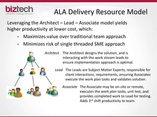 ALA Delivery Resource Model
Leveraging the Architect – Lead – Associate model yields
higher productivity at lower cost, which:
    • Maximizes value over traditional team approach
    • Minimizes risk of single threaded SME approach

                 Architect The Architect designs the solution, and is
                           interacting with the work stream leads to
                           ensure implementation approach is optimal.
                       Lead The Leads are Subject Matter Experts, responsible for
                            client interactions, requirements, ensuring Associates
                            execute the work plan tasks and validates solution.
                           Associate The Associate may be on-site or remote,
                                     executes the work plan tasks, unit test, and
                                     provides completed work to Lead for testing.
                                     Adds 3rd shift productivity to team.
 