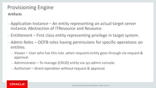 Copyright © 2014, Oracleand/orits affiliates. Allrights reserved. |
• Application Instance – An entity representing an actual target server
instance. Abstraction of ITResource and Resource.
• Entitlement – First class entity representing privilege in target system.
• Admin Roles – OOTB roles having permissions for specific operations on
entities.
– Viewer – User who has this role ,when requests entity goes through via request &
approval
– Administrator – To manage (CRUD) entity via sys admin console.
– Authorizer – direct operation without request & approval.
Provisioning Engine
Artifacts
 