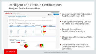 Copyright © 2014, Oracleand/orits affiliates. Allrights reserved. |
• Leverage Analytics To Expedite
And Highlight High Risk
• HighlightProvisioning Context
To Make Informed Decisions
• Time Or Event Based
Certification Campaigns
• Closed Loop Remediation With
No Delay
• Offline Mode To Complete
Certifications Wherever And
Whenever
Closed Loop
Remediation
Offline Mode Time or Event
Based Campaigns
Intelligent and Flexible Certifications
Designed for the Business User
 