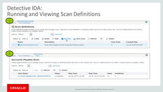 Copyright © 2014, Oracleand/orits affiliates. Allrights reserved. |
Detective IDA:
Running and Viewing Scan Definitions
1
2
 