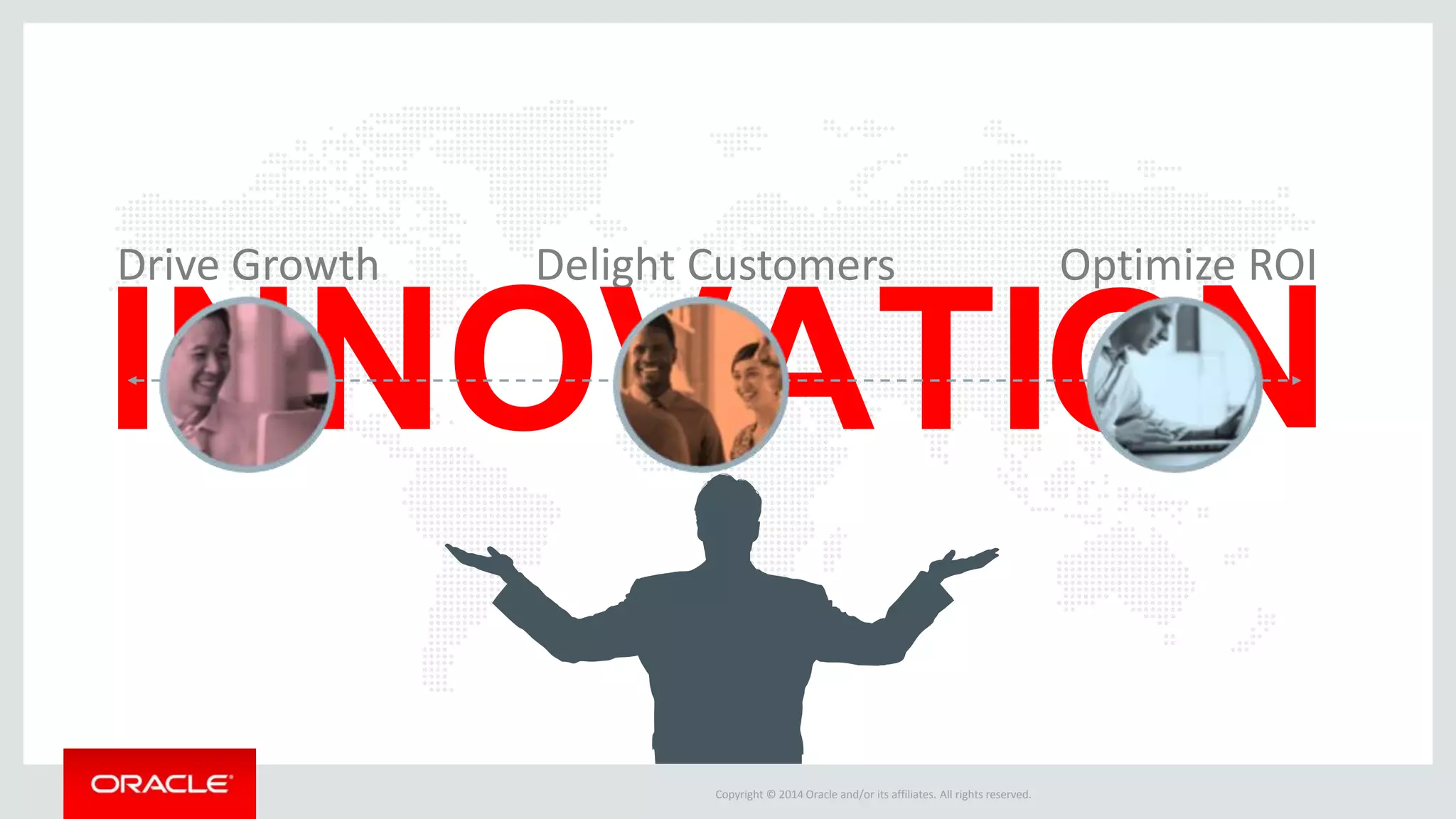 Drive Growth Delight Customers Optimize ROI 
64% 50% 
Source: Accenture Source: IDC 
Copyright © 2014 Oracle and/or its affiliates. All rights reserved. 
of average amount of projects 
that meet their market share 
objectives 
of companies are 
dissatisfied with return 
on innovation spending 
49% 
of companies feel that their efforts to 
convert ideas to product development 
projects were ineffective 
Source: Booz & Company Making Ideas Work (2012) 
 