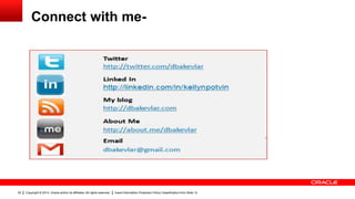 Copyright © 2014, Oracle and/or its affiliates. All rights reserved. Insert Information Protection Policy Classification from Slide 1222
Connect with me-
 