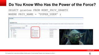 Copyright © 2014, Oracle and/or its affiliates. All rights reserved. Insert Information Protection Policy Classification from Slide 126
Do You Know Who Has the Power of the Force?
SELECT grantee FROM MGMT_PRIV_GRANTS
WHERE PRIV_NAME = ‘SUPER_USER’ ;
6
 
