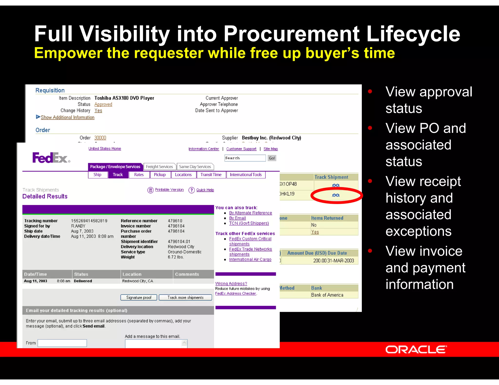 Full Visibility into Procurement Lifecycle
Empower the requester while free up buyer’s time
View approval
status
View PO and
associated
status
View receipt
history and
associated
exceptions
View invoice
and payment
information
 