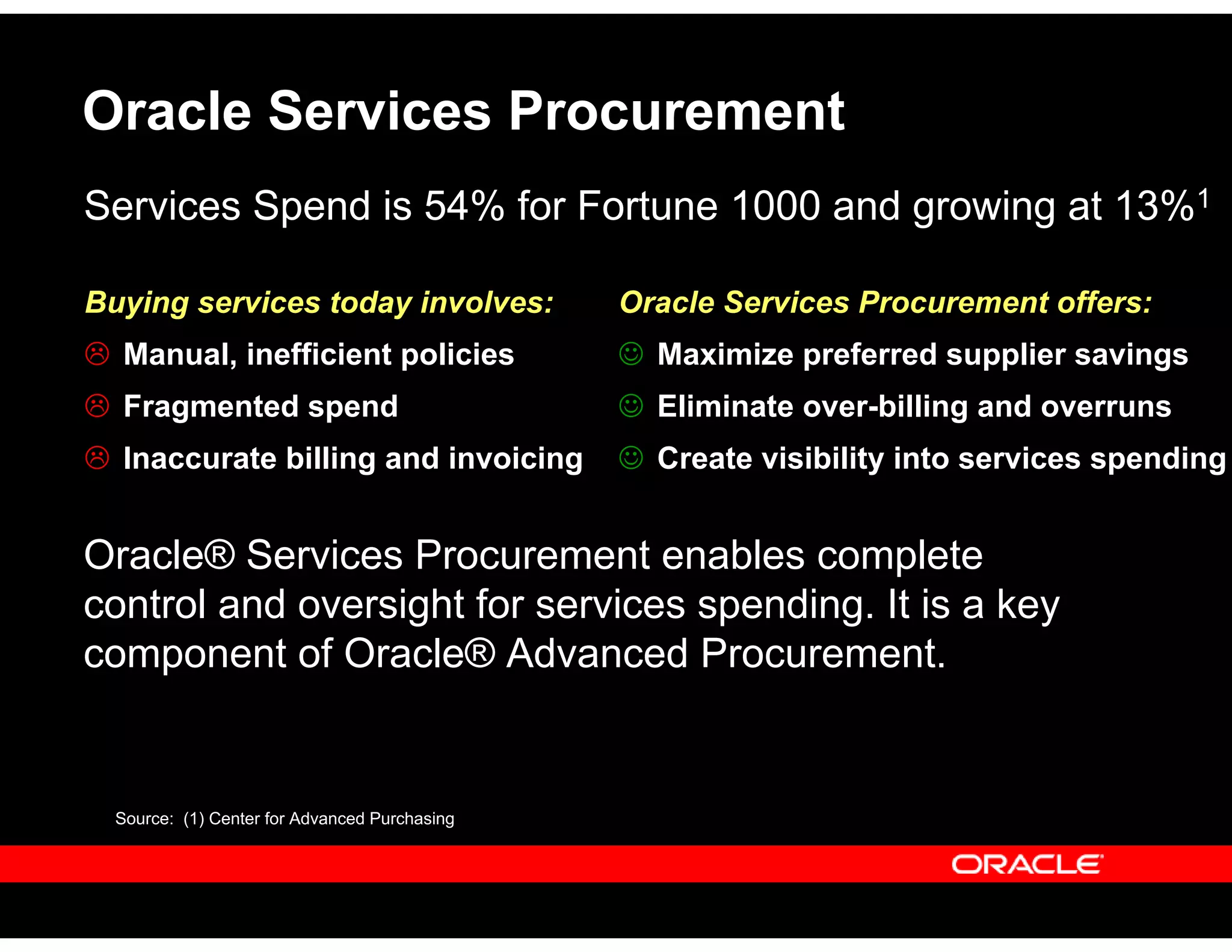 Oracle Services Procurement offers:
☺ Maximize preferred supplier savings
☺ Eliminate over-billing and overruns
☺ Create visibility into services spending
Buying services today involves:
Manual, inefficient policies
Fragmented spend
Inaccurate billing and invoicing
Oracle Services ProcurementOracle Services Procurement
Oracle® Services Procurement enables complete
control and oversight for services spending. It is a key
component of Oracle® Advanced Procurement.
Services Spend is 54% for Fortune 1000 and growing at 13%1
Source: (1) Center for Advanced Purchasing
 