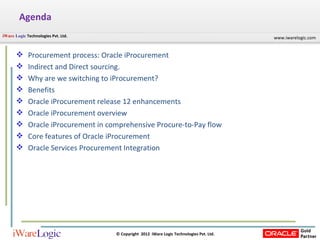 Agenda Procurement process: Oracle iProcurement Indirect and Direct sourcing. Why are we switching to iProcurement? Benefits Oracle iProcurement release 12 enhancements Oracle iProcurement overview Oracle iProcurement in comprehensive Procure-to-Pay flow Core features of Oracle iProcurement Oracle Services Procurement Integration 