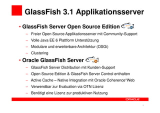 GlassFish 3.1 Applikationsserver
• GlassFish Server Open Source Edition
  − Freier Open Source Applikationsserver mit Community-Support
  − Volle Java EE 6 Plattform Unterstützung
  − Modulare und erweiterbare Architektur (OSGi)
  − Clustering

• Oracle GlassFish Server
  − GlassFish Server Distribution mit Kunden-Support
  − Open Source Edition & GlassFish Server Control enthalten
  − Active Cache – Native Integration mit Oracle Coherence*Web
  − Verwendbar zur Evaluation via OTN Lizenz
  − Benötigt eine Lizenz zur produktiven Nutzung


                                                               26   26
 
