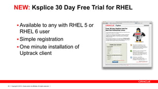 NEW: Ksplice 30 Day Free Trial for RHEL

               Available to any with RHEL 5 or
                RHEL 6 user
               Simple registration
               One minute installation of
                Uptrack client




24   Copyright © 2012, Oracle and/or its affiliates. All rights reserved.
 