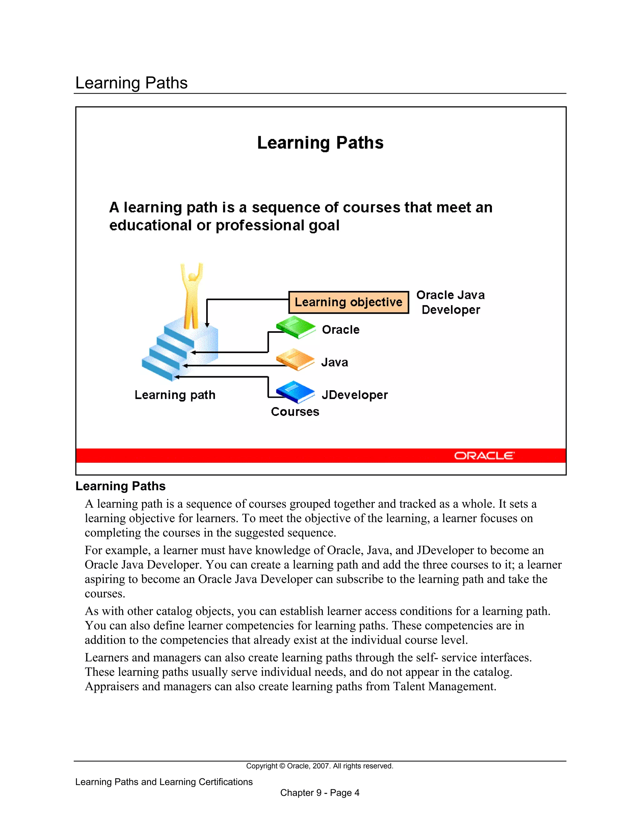 Copyright © Oracle, 2007. All rights reserved.
Learning Paths and Learning Certifications
Chapter 9 - Page 4
Learning Paths
Learning Paths
A learning path is a sequence of courses grouped together and tracked as a whole. It sets a
learning objective for learners. To meet the objective of the learning, a learner focuses on
completing the courses in the suggested sequence.
For example, a learner must have knowledge of Oracle, Java, and JDeveloper to become an
Oracle Java Developer. You can create a learning path and add the three courses to it; a learner
aspiring to become an Oracle Java Developer can subscribe to the learning path and take the
courses.
As with other catalog objects, you can establish learner access conditions for a learning path.
You can also define learner competencies for learning paths. These competencies are in
addition to the competencies that already exist at the individual course level.
Learners and managers can also create learning paths through the self- service interfaces.
These learning paths usually serve individual needs, and do not appear in the catalog.
Appraisers and managers can also create learning paths from Talent Management.
 
