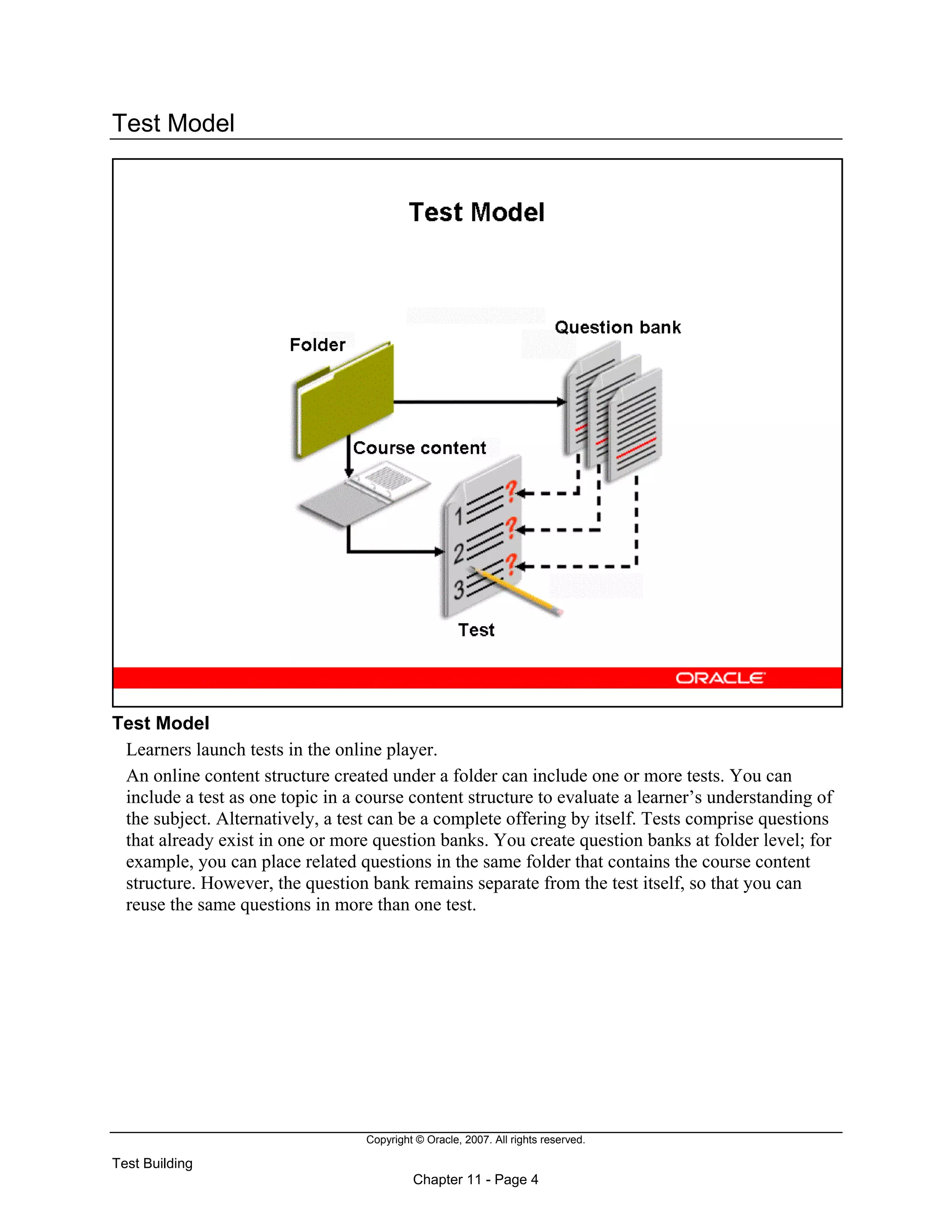 Copyright © Oracle, 2007. All rights reserved.
Test Building
Chapter 11 - Page 4
Test Model
Test Model
Learners launch tests in the online player.
An online content structure created under a folder can include one or more tests. You can
include a test as one topic in a course content structure to evaluate a learner’s understanding of
the subject. Alternatively, a test can be a complete offering by itself. Tests comprise questions
that already exist in one or more question banks. You create question banks at folder level; for
example, you can place related questions in the same folder that contains the course content
structure. However, the question bank remains separate from the test itself, so that you can
reuse the same questions in more than one test.
 