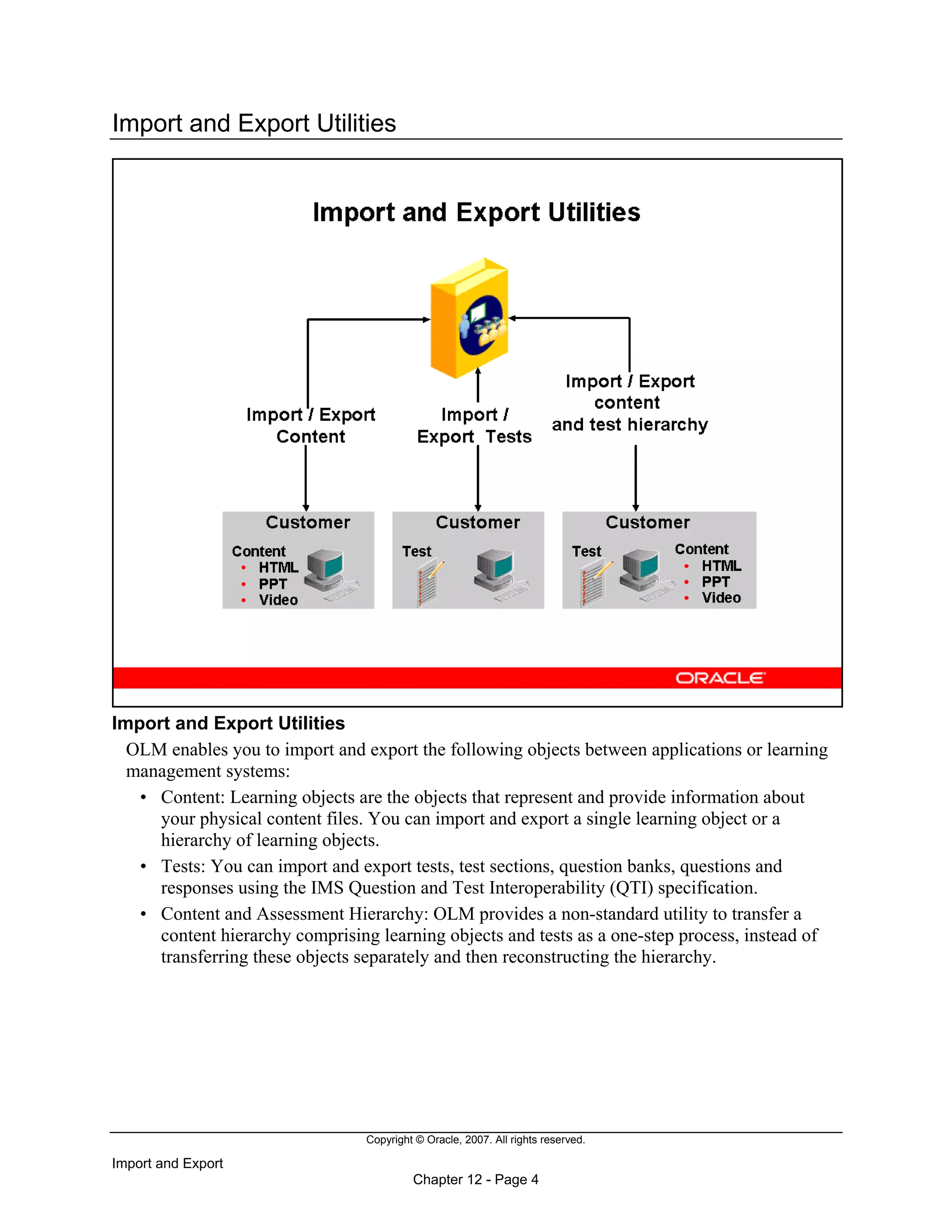 Copyright © Oracle, 2007. All rights reserved.
Import and Export
Chapter 12 - Page 4
Import and Export Utilities
Import and Export Utilities
OLM enables you to import and export the following objects between applications or learning
management systems:
• Content: Learning objects are the objects that represent and provide information about
your physical content files. You can import and export a single learning object or a
hierarchy of learning objects.
• Tests: You can import and export tests, test sections, question banks, questions and
responses using the IMS Question and Test Interoperability (QTI) specification.
• Content and Assessment Hierarchy: OLM provides a non-standard utility to transfer a
content hierarchy comprising learning objects and tests as a one-step process, instead of
transferring these objects separately and then reconstructing the hierarchy.
 