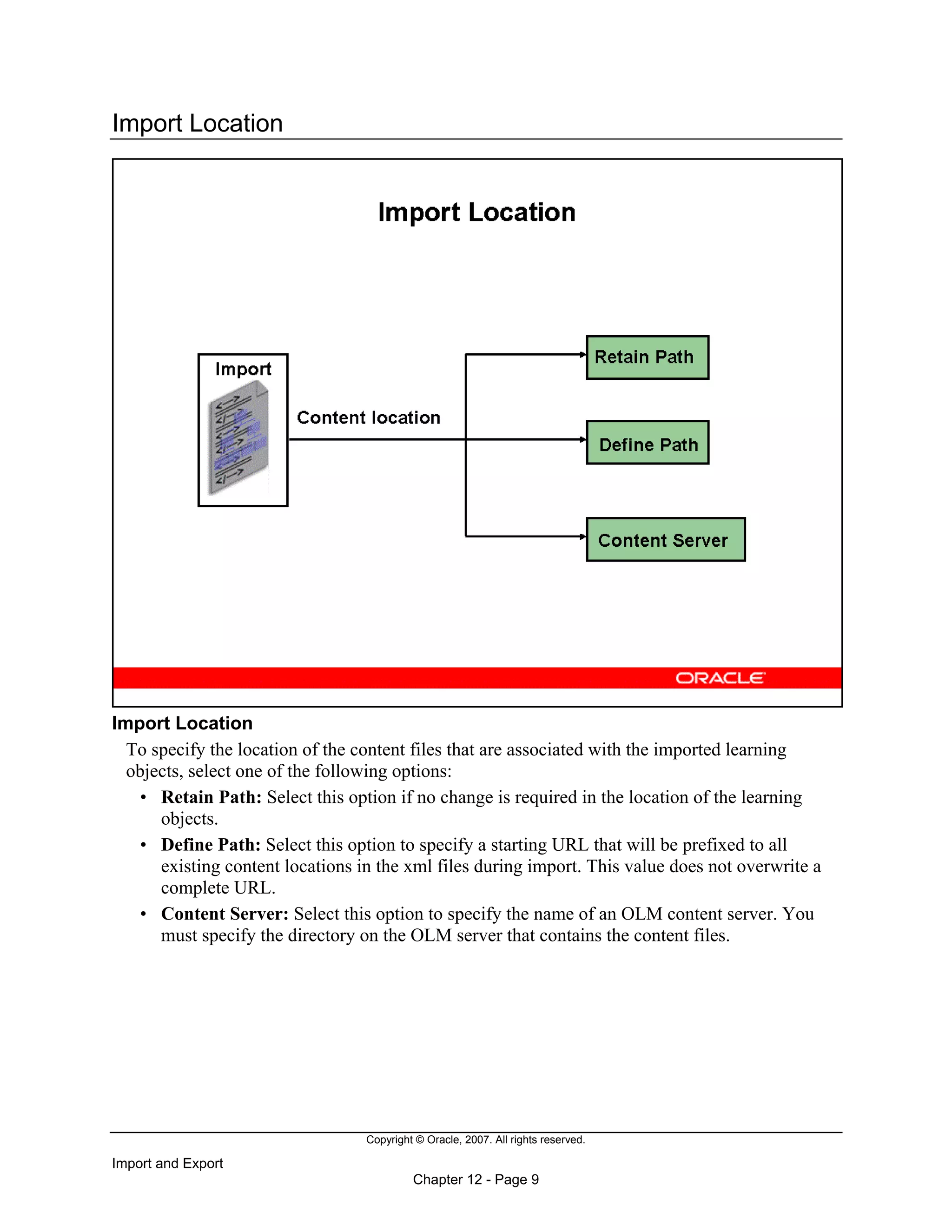 Copyright © Oracle, 2007. All rights reserved.
Import and Export
Chapter 12 - Page 9
Import Location
Import Location
To specify the location of the content files that are associated with the imported learning
objects, select one of the following options:
• Retain Path: Select this option if no change is required in the location of the learning
objects.
• Define Path: Select this option to specify a starting URL that will be prefixed to all
existing content locations in the xml files during import. This value does not overwrite a
complete URL.
• Content Server: Select this option to specify the name of an OLM content server. You
must specify the directory on the OLM server that contains the content files.
 