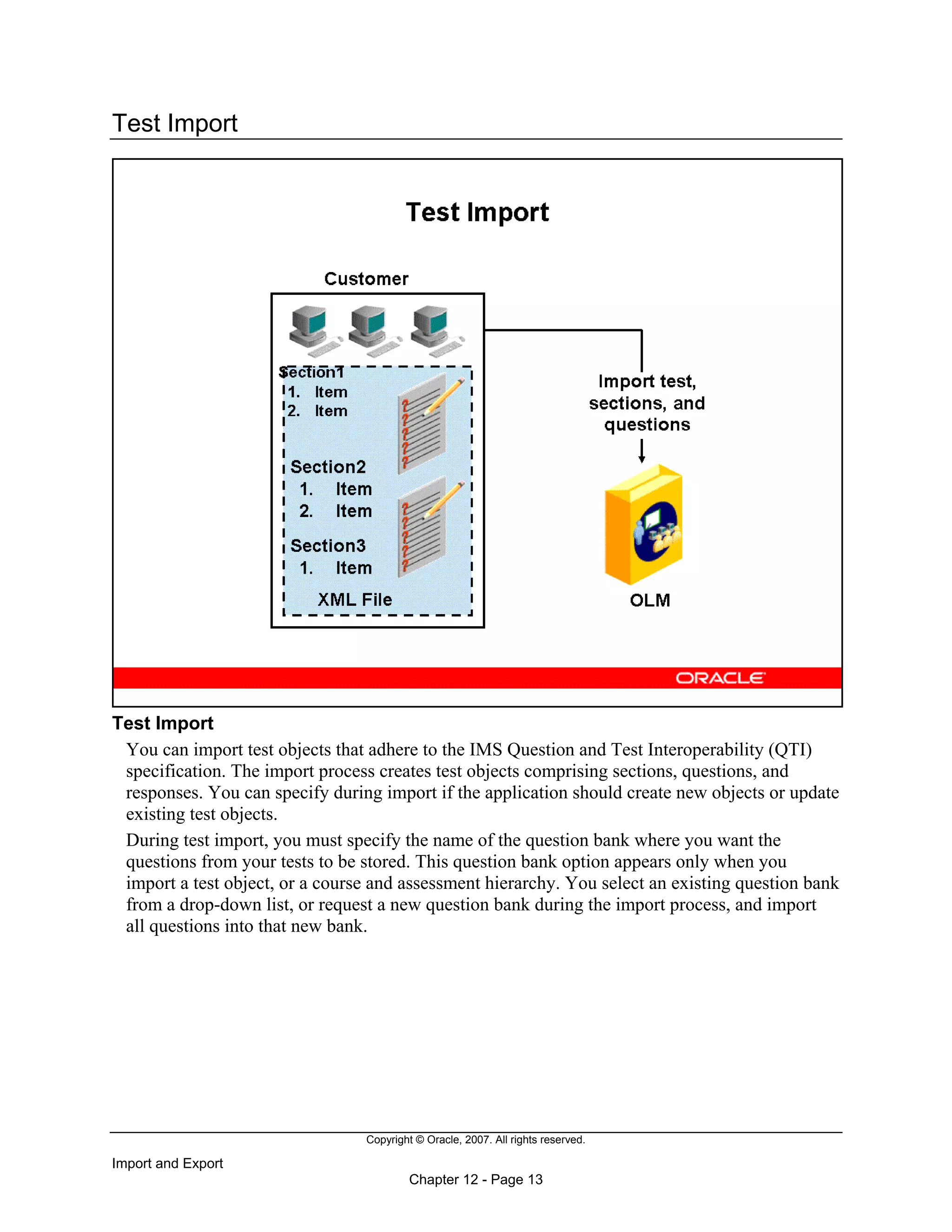 Copyright © Oracle, 2007. All rights reserved.
Import and Export
Chapter 12 - Page 13
Test Import
Test Import
You can import test objects that adhere to the IMS Question and Test Interoperability (QTI)
specification. The import process creates test objects comprising sections, questions, and
responses. You can specify during import if the application should create new objects or update
existing test objects.
During test import, you must specify the name of the question bank where you want the
questions from your tests to be stored. This question bank option appears only when you
import a test object, or a course and assessment hierarchy. You select an existing question bank
from a drop-down list, or request a new question bank during the import process, and import
all questions into that new bank.
 