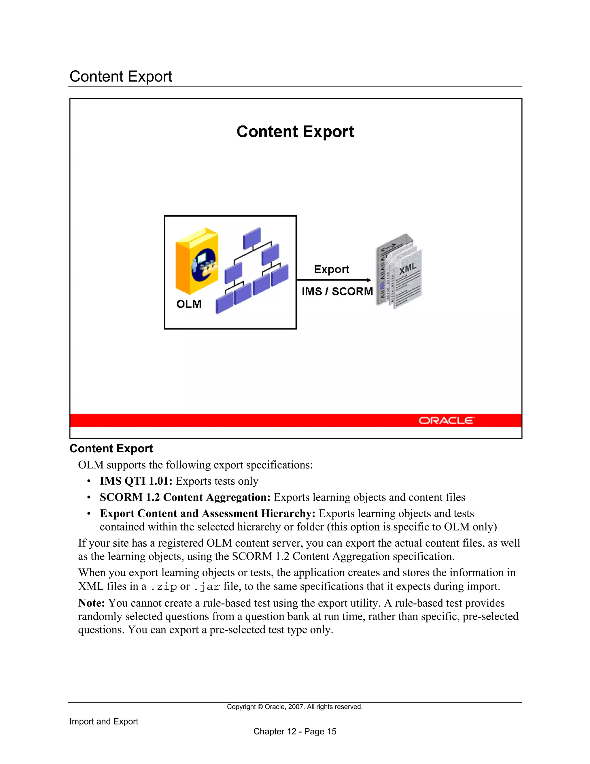 Copyright © Oracle, 2007. All rights reserved.
Import and Export
Chapter 12 - Page 15
Content Export
Content Export
OLM supports the following export specifications:
• IMS QTI 1.01: Exports tests only
• SCORM 1.2 Content Aggregation: Exports learning objects and content files
• Export Content and Assessment Hierarchy: Exports learning objects and tests
contained within the selected hierarchy or folder (this option is specific to OLM only)
If your site has a registered OLM content server, you can export the actual content files, as well
as the learning objects, using the SCORM 1.2 Content Aggregation specification.
When you export learning objects or tests, the application creates and stores the information in
XML files in a .zip or .jar file, to the same specifications that it expects during import.
Note: You cannot create a rule-based test using the export utility. A rule-based test provides
randomly selected questions from a question bank at run time, rather than specific, pre-selected
questions. You can export a pre-selected test type only.
 