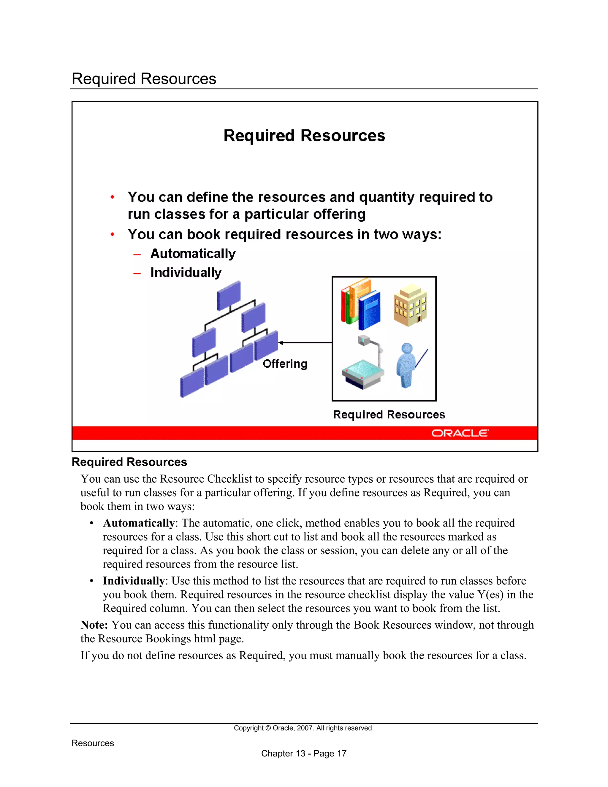 Copyright © Oracle, 2007. All rights reserved.
Resources
Chapter 13 - Page 17
Required Resources
Required Resources
You can use the Resource Checklist to specify resource types or resources that are required or
useful to run classes for a particular offering. If you define resources as Required, you can
book them in two ways:
• Automatically: The automatic, one click, method enables you to book all the required
resources for a class. Use this short cut to list and book all the resources marked as
required for a class. As you book the class or session, you can delete any or all of the
required resources from the resource list.
• Individually: Use this method to list the resources that are required to run classes before
you book them. Required resources in the resource checklist display the value Y(es) in the
Required column. You can then select the resources you want to book from the list.
Note: You can access this functionality only through the Book Resources window, not through
the Resource Bookings html page.
If you do not define resources as Required, you must manually book the resources for a class.
 