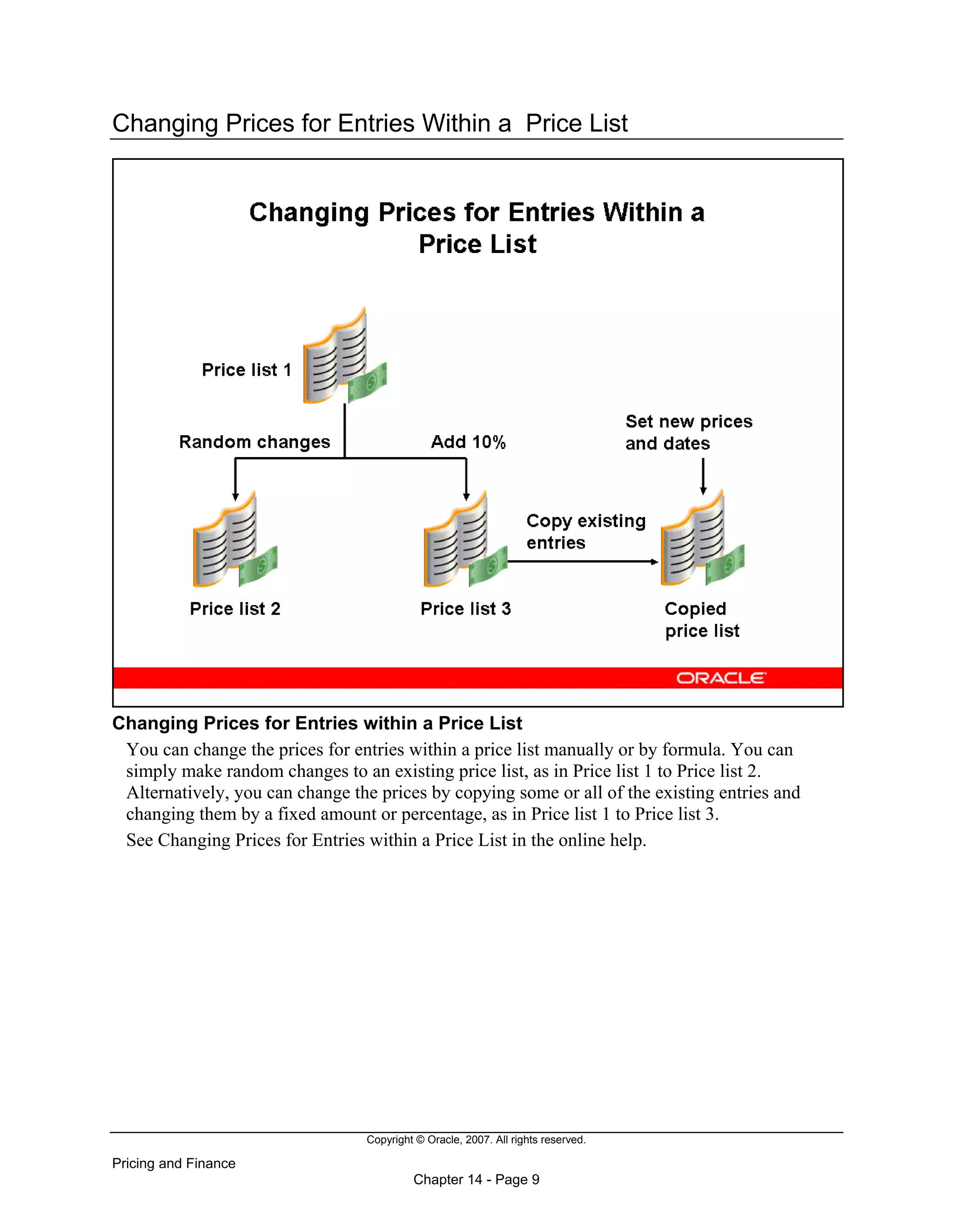Copyright © Oracle, 2007. All rights reserved.
Pricing and Finance
Chapter 14 - Page 9
Changing Prices for Entries Within a Price List
Changing Prices for Entries within a Price List
You can change the prices for entries within a price list manually or by formula. You can
simply make random changes to an existing price list, as in Price list 1 to Price list 2.
Alternatively, you can change the prices by copying some or all of the existing entries and
changing them by a fixed amount or percentage, as in Price list 1 to Price list 3.
See Changing Prices for Entries within a Price List in the online help.
 