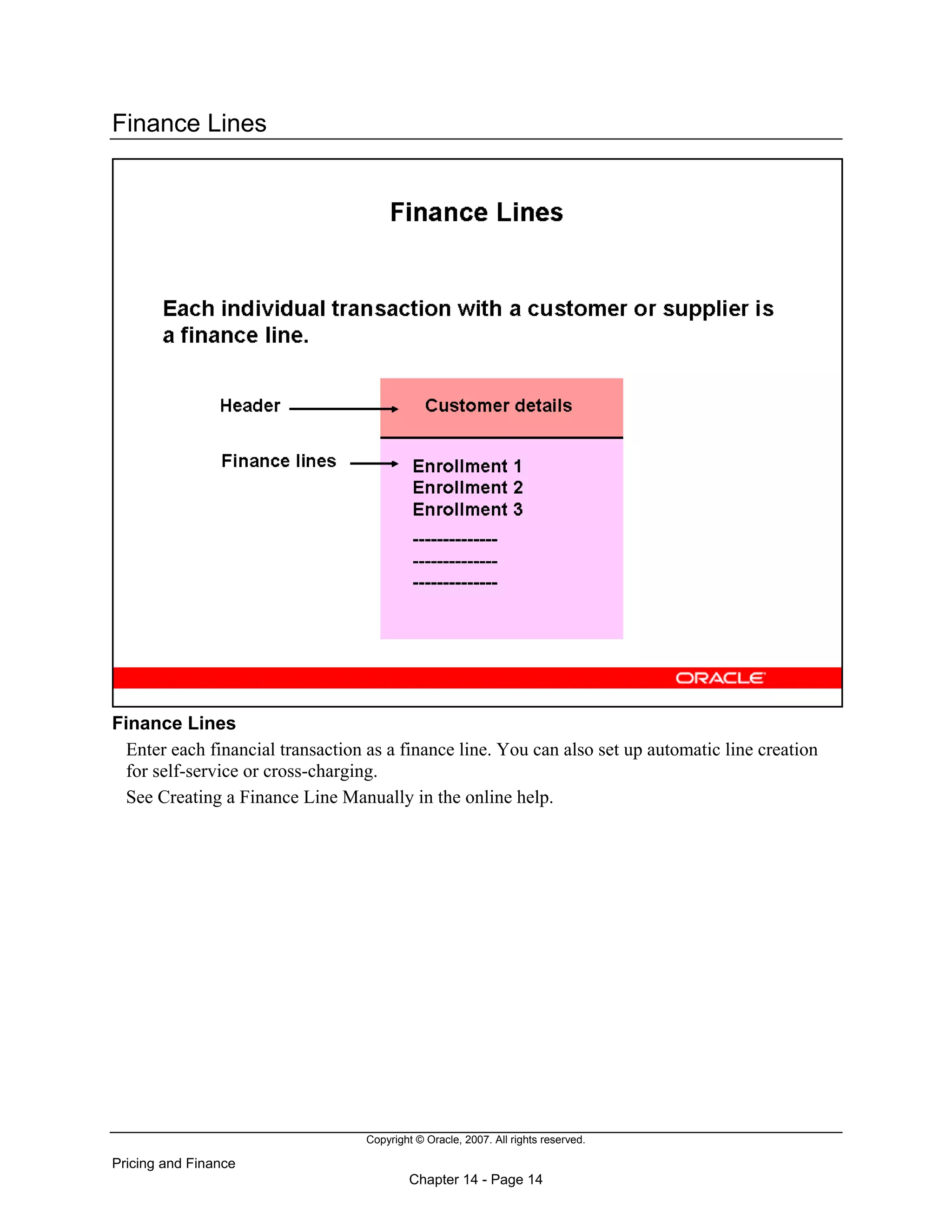 Copyright © Oracle, 2007. All rights reserved.
Pricing and Finance
Chapter 14 - Page 14
Finance Lines
Finance Lines
Enter each financial transaction as a finance line. You can also set up automatic line creation
for self-service or cross-charging.
See Creating a Finance Line Manually in the online help.
 
