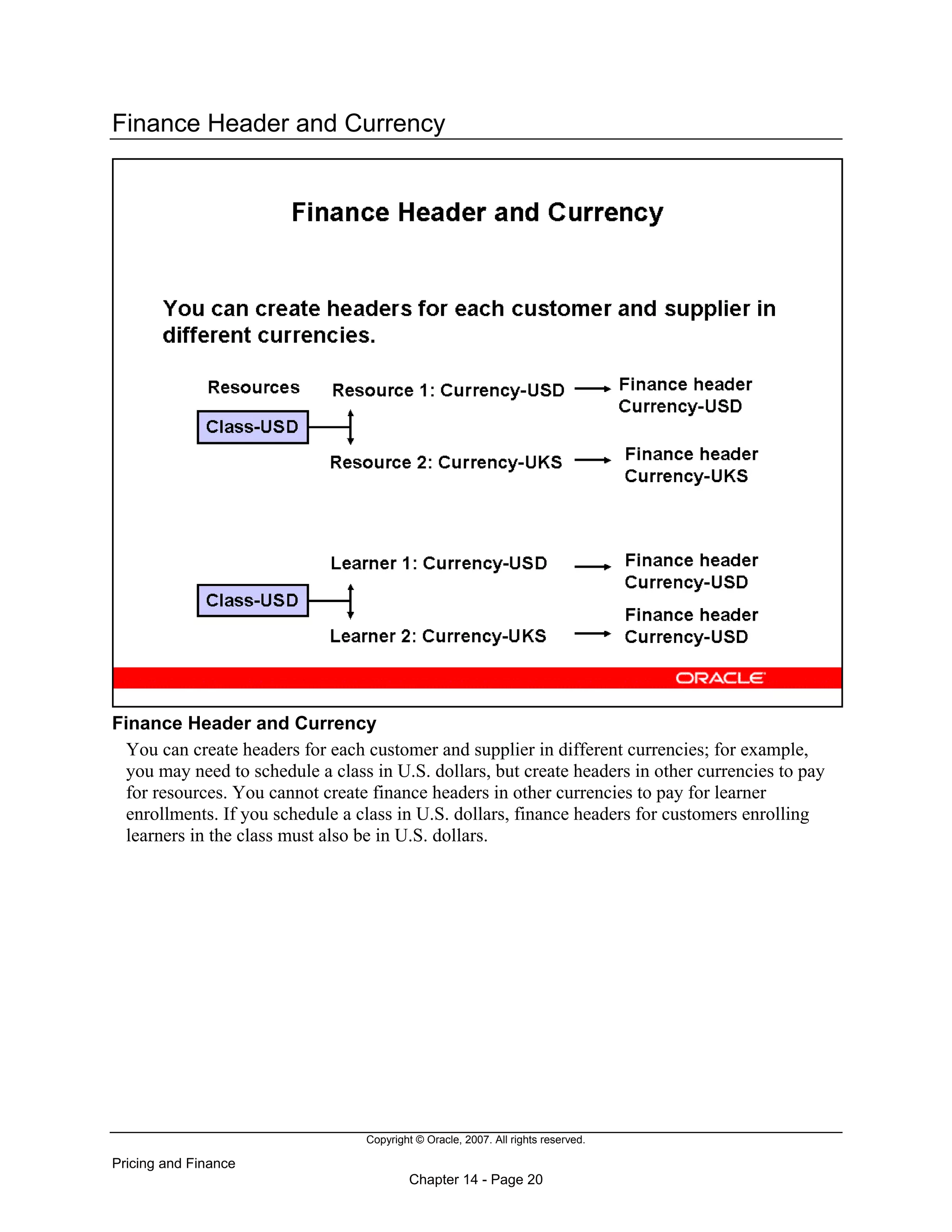 Copyright © Oracle, 2007. All rights reserved.
Pricing and Finance
Chapter 14 - Page 20
Finance Header and Currency
Finance Header and Currency
You can create headers for each customer and supplier in different currencies; for example,
you may need to schedule a class in U.S. dollars, but create headers in other currencies to pay
for resources. You cannot create finance headers in other currencies to pay for learner
enrollments. If you schedule a class in U.S. dollars, finance headers for customers enrolling
learners in the class must also be in U.S. dollars.
 