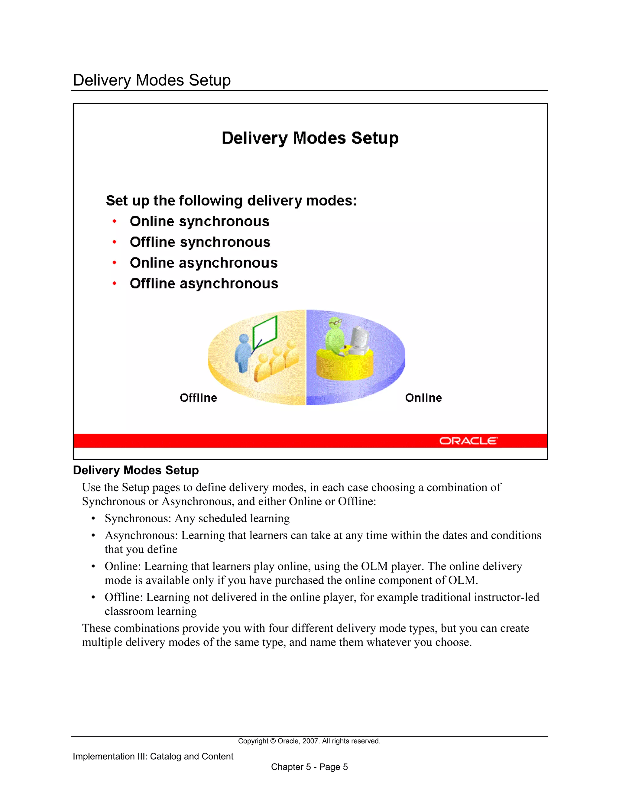 Copyright © Oracle, 2007. All rights reserved.
Implementation III: Catalog and Content
Chapter 5 - Page 5
Delivery Modes Setup
Delivery Modes Setup
Use the Setup pages to define delivery modes, in each case choosing a combination of
Synchronous or Asynchronous, and either Online or Offline:
• Synchronous: Any scheduled learning
• Asynchronous: Learning that learners can take at any time within the dates and conditions
that you define
• Online: Learning that learners play online, using the OLM player. The online delivery
mode is available only if you have purchased the online component of OLM.
• Offline: Learning not delivered in the online player, for example traditional instructor-led
classroom learning
These combinations provide you with four different delivery mode types, but you can create
multiple delivery modes of the same type, and name them whatever you choose.
 