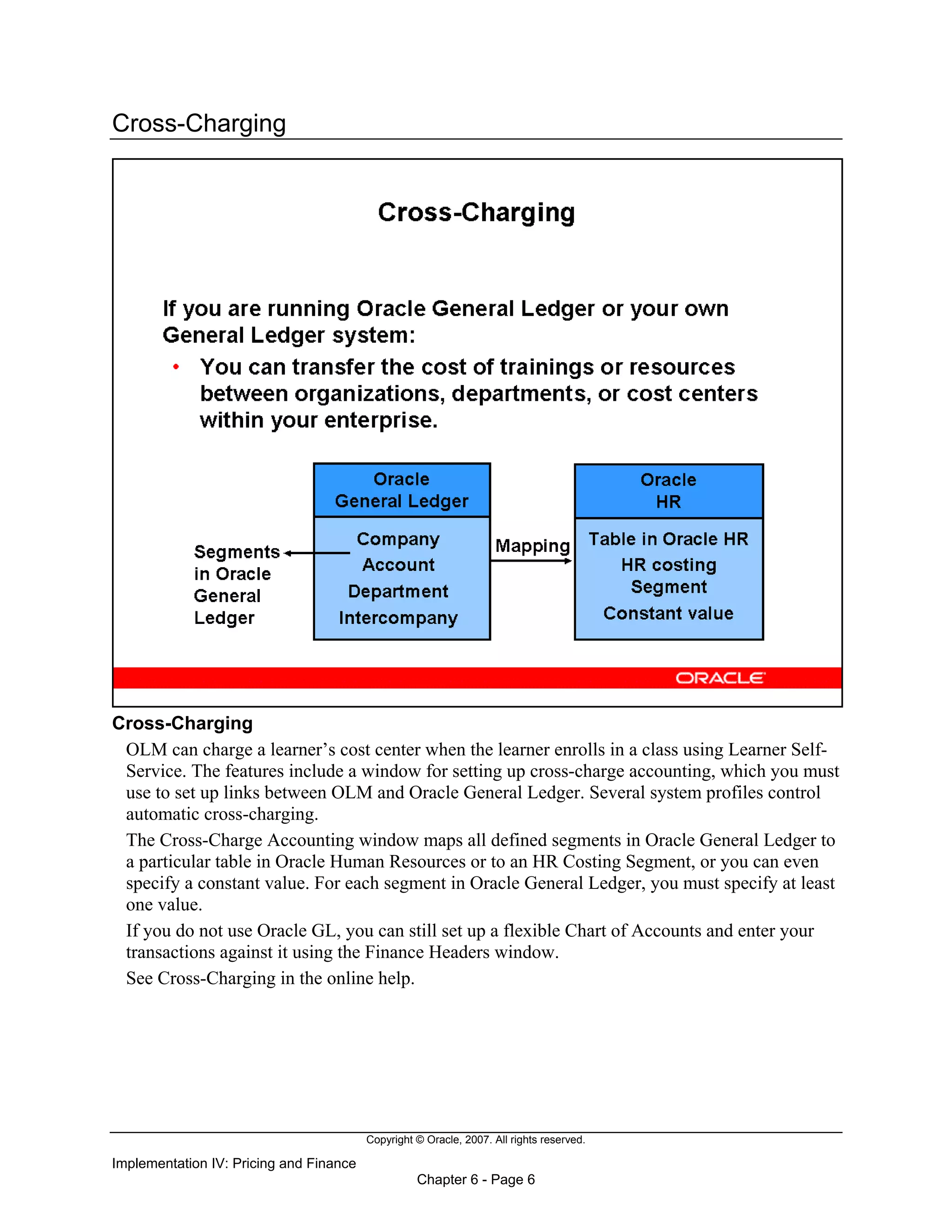 Copyright © Oracle, 2007. All rights reserved.
Implementation IV: Pricing and Finance
Chapter 6 - Page 6
Cross-Charging
Cross-Charging
OLM can charge a learner’s cost center when the learner enrolls in a class using Learner Self-
Service. The features include a window for setting up cross-charge accounting, which you must
use to set up links between OLM and Oracle General Ledger. Several system profiles control
automatic cross-charging.
The Cross-Charge Accounting window maps all defined segments in Oracle General Ledger to
a particular table in Oracle Human Resources or to an HR Costing Segment, or you can even
specify a constant value. For each segment in Oracle General Ledger, you must specify at least
one value.
If you do not use Oracle GL, you can still set up a flexible Chart of Accounts and enter your
transactions against it using the Finance Headers window.
See Cross-Charging in the online help.
 
