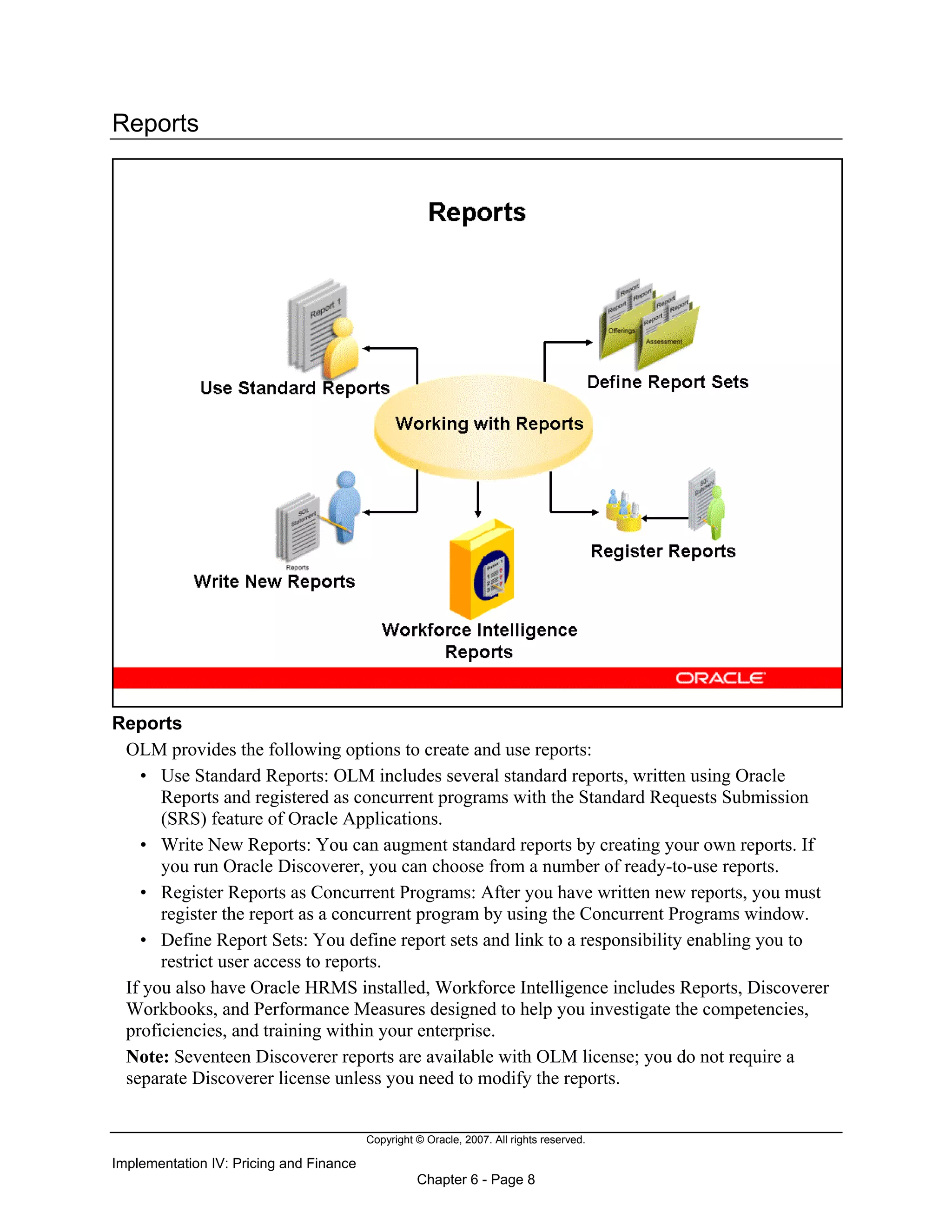 Copyright © Oracle, 2007. All rights reserved.
Implementation IV: Pricing and Finance
Chapter 6 - Page 8
Reports
Reports
OLM provides the following options to create and use reports:
• Use Standard Reports: OLM includes several standard reports, written using Oracle
Reports and registered as concurrent programs with the Standard Requests Submission
(SRS) feature of Oracle Applications.
• Write New Reports: You can augment standard reports by creating your own reports. If
you run Oracle Discoverer, you can choose from a number of ready-to-use reports.
• Register Reports as Concurrent Programs: After you have written new reports, you must
register the report as a concurrent program by using the Concurrent Programs window.
• Define Report Sets: You define report sets and link to a responsibility enabling you to
restrict user access to reports.
If you also have Oracle HRMS installed, Workforce Intelligence includes Reports, Discoverer
Workbooks, and Performance Measures designed to help you investigate the competencies,
proficiencies, and training within your enterprise.
Note: Seventeen Discoverer reports are available with OLM license; you do not require a
separate Discoverer license unless you need to modify the reports.
 