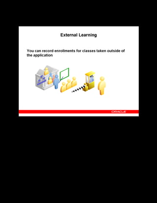 Copyright © Oracle, 2007. All rights reserved.
Enrollments
Chapter 15 - Page 19
External Learning
External Learning
External learning is any learning that does not appear as a class in the OLM catalog, such as an
external class or an internal class your enterprise has stored in another learning management
system. Use the External Learning pages to record details of classes attended by employees or
customers but not registered as classes in OLM. Learners can enter their own external learning,
with or without approval, from the learner self-service.
 
