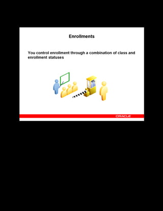 Copyright © Oracle, 2007. All rights reserved.
Learning Management Overview
Chapter 1 - Page 9
Enrollments
Enrollments
OLM enables you to manage and track all enrollments in classes listed in the catalog. You can
enroll customers (external enrollments) or employees (internal enrollments).
Learners enroll in classes from Learner Self-Service. Administrators then track and adjust the
enrollments by filling waiting lists and notifying enrollees as needed.
You can control enrollment using learner access, which defines whether learners can self enroll
or whether they require approval.
Enrollment statuses such as Requested and Waitlisted are the heart of the OLM enrollment
engine, responding to and causing changes in class status as well as triggering notifications and
other processes. When a class is full, OLM can automatically create a waiting list from which
the system enrolls learners.
 