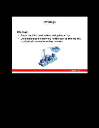 Copyright © Oracle, 2007. All rights reserved.
Catalog
Chapter 8 - Page 14
Offerings
Offerings
Offerings typically determine how a course is delivered: synchronous or asynchronous, online
or offline. You schedule synchronous offerings for a specific time; whereas learners can take
asynchronous offerings at any time. Learners launch online offerings in the OLM online
player; whereas offline offerings are not launched within the application. These combinations
provide four distinct delivery modes in OLM:
• Online synchronous (live web conferences)
• Online asynchronous (online self-study or recorded web conferences)
• Offline synchronous (traditional instructor-led class)
• Offline asynchronous (reading a book)
In the case of online offerings, the offering identifies the starting learning object of the online
content that the learner will launch in the player. You can also set player preferences, to enable
or disable options displayed on the player toolbar when the learner plays an online offering.
You can define cost and pricing information at the offering level, which default for any classes
based on the offering. You can also specify instructor competencies for an offering.
 
