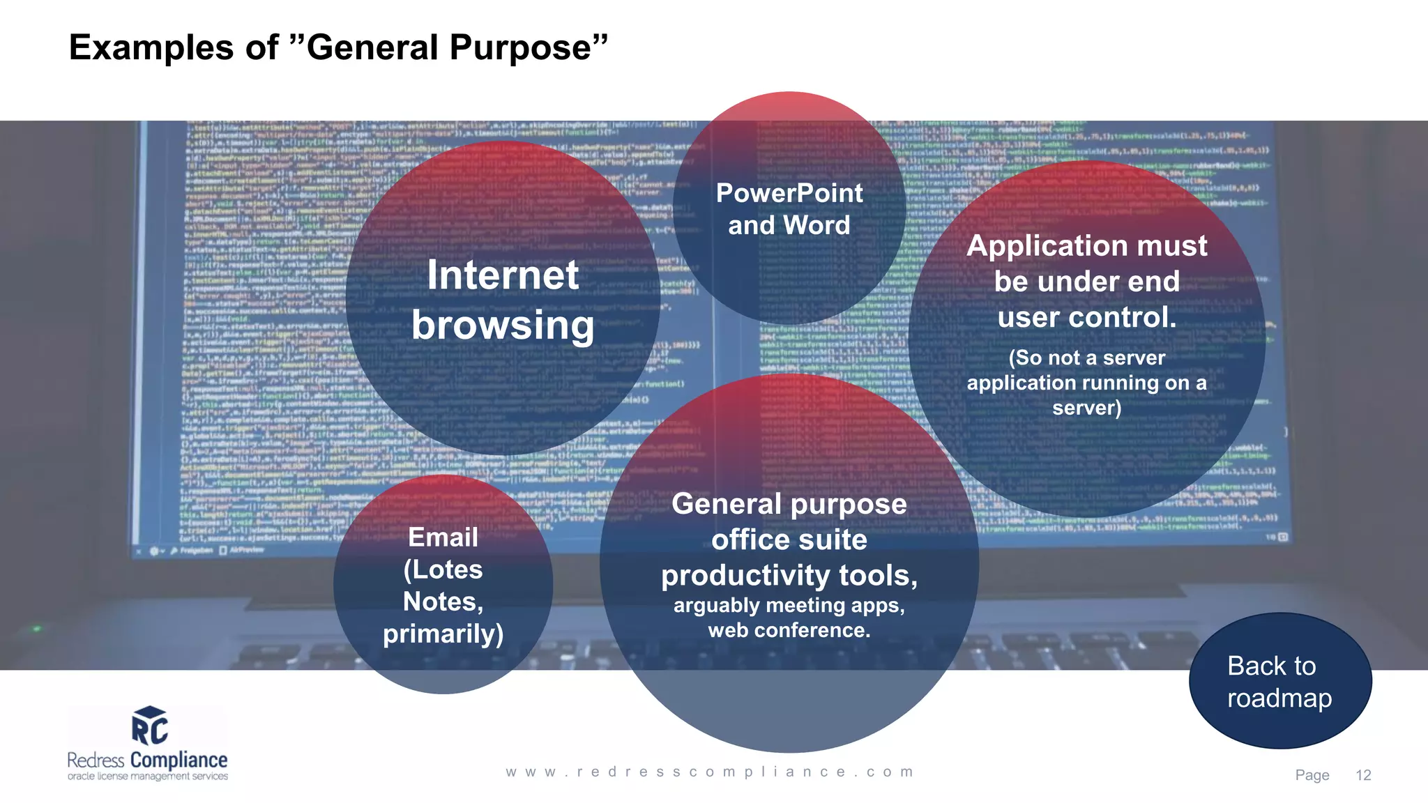 Examples of ”General Purpose”
Application must
be under end
user control.
(So not a server
application running on a
server)
Internet
browsing
Email
(Lotes
Notes,
primarily)
PowerPoint
and Word
General purpose
office suite
productivity tools,
arguably meeting apps,
web conference.
Back to
roadmap
 