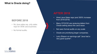 What is Oracle doing?
AFTER 2018
• Hired Java Sales reps (and 300% increase
from 2018-2019)
• Many CFO/CIO are recieving letters from
Oracle asking about the Java issue.
• Not seen formal audits on any scale
• Oracle are prioritizing larger companies.
• Larry Elisson on earnings qall ”Java had a
very good quarter”.
BEFORE 2018
• No Java sales rep, only sales
reps for OEM Java business.
• No formal audits.
 