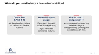 When do you need to have a license/subscription?
Oracle Java
6,7,8,9 & 10
All Java installed that are
not defined as “General
Purpose”
General Purpose
usage:
If you patch Java with
update 211 (April 2019)
If you have used
commercial features.
Oracle Java 11
and patch 211+
No more general purpose, only
Java free usage is
prototype/testing (building your
own solutions on Java
 