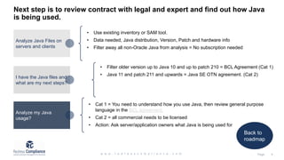 Next step is to review contract with legal and expert and find out how Java
is being used.
Analyze my Java
usage?
I have the Java files and
what are my next steps?
Analyze Java Files on
servers and clients
• Use existing inventory or SAM tool.
• Data needed, Java distribution, Version, Patch and hardware info
• Filter away all non-Oracle Java from analysis = No subscription needed
• Filter older version up to Java 10 and up to patch 210 = BCL Agreement (Cat 1)
• Java 11 and patch 211 and upwards = Java SE OTN agreement. (Cat 2)
• Cat 1 = You need to understand how you use Java, then review general purpose
language in the BCL agreement.
• Cat 2 = all commercial needs to be licensed
• Action: Ask server/application owners what Java is being used for
Back to
roadmap
 