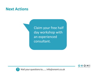 Next Actions
Claim your free half
day workshop with
an experienced
consultant.
 