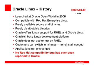 Oracle Linux - History
•  Launched at Oracle Open World in 2006
•  Compatible with Red Hat Enterprise Linux
•  Freely available source and binaries
•  Freely distributable binaries
•  Oracle offers Linux support for RHEL and Oracle Linux
•  Oracle’s base Linux development platform
•  Oracle does not use or test on RHEL
•  Customers can switch in minutes – no reinstall needed
•  Applications run unchanged
•  No Red Hat compatibility bug has ever been
reported to Oracle
• 3
 