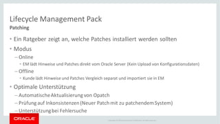 Copyright © 2014Oracleand/or its affiliates. Allrights reserved.
Lifecycle Management Pack
Patching
• Ein Ratgeber zeigt an, welche Patches installiert werden sollten
• Modus
– Online
• EM lädt Hinweise und Patches direkt vom Oracle Server (Kein Upload von Konfigurationsdaten)
– Offline
• Kunde lädt Hinweise und Patches Vergleich separat und importiert sie in EM
• Optimale Unterstützung
– AutomatischeAktualisierung von Opatch
– Prüfung auf Inkonsistenzen(Neuer Patch mit zu patchendemSystem)
– Unterstützungbei Fehlersuche
 