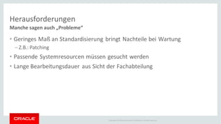Copyright © 2014Oracleand/or its affiliates. Allrights reserved.
Herausforderungen
Manche sagen auch „Probleme“
• Geringes Maß an Standardisierung bringt Nachteile bei Wartung
– Z.B.: Patching
• Passende Systemresourcen müssen gesucht werden
• Lange Bearbeitungsdauer aus Sicht der Fachabteilung
 