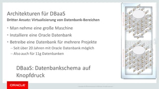 Copyright © 2014Oracleand/or its affiliates. Allrights reserved.
Architekturen für DBaaS
Dritter Ansatz: Virtualisierung von Datenbank-Bereichen
• Man nehme eine große Maschine
• Installiere eine Oracle Datenbank
• Betreibe eine Datenbank für mehrere Projekte
– Seit über 20 Jahren mit Oracle Datenbank möglich
– Also auch für 11g Datenbanken
DBaaS: Datenbankschema auf
Knopfdruck
 