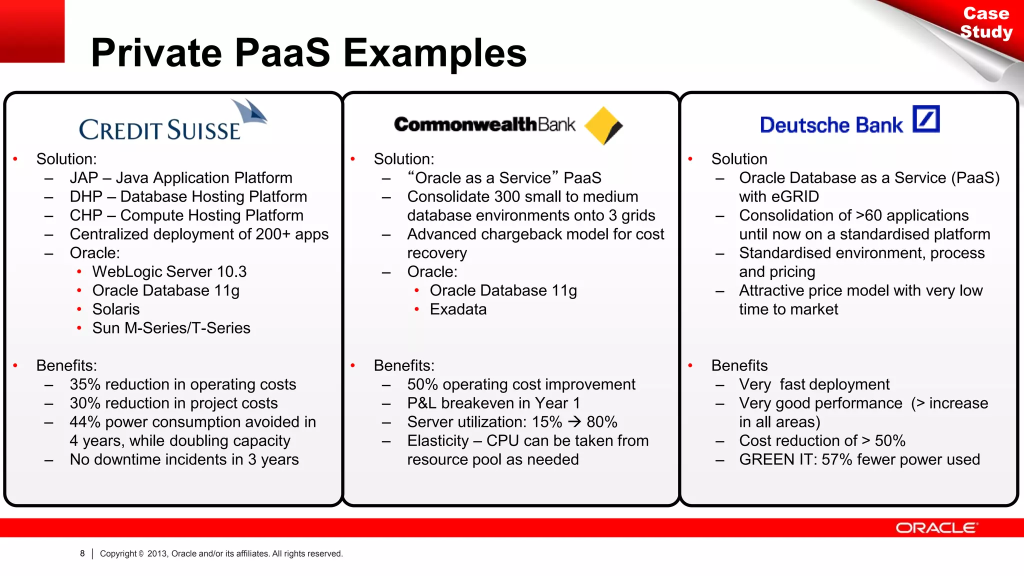 Case
Study

Private PaaS Examples
•

Solution:
– JAP – Java Application Platform
– DHP – Database Hosting Platform
– CHP – Compute Hosting Platform
– Centralized deployment of 200+ apps
– Oracle:
• WebLogic Server 10.3
• Oracle Database 11g
• Solaris
• Sun M-Series/T-Series

•

Solution:
– “Oracle as a Service” PaaS
– Consolidate 300 small to medium
database environments onto 3 grids
– Advanced chargeback model for cost
recovery
– Oracle:
• Oracle Database 11g
• Exadata

•

Solution
– Oracle Database as a Service (PaaS)
with eGRID
– Consolidation of >60 applications
until now on a standardised platform
– Standardised environment, process
and pricing
– Attractive price model with very low
time to market

•

Benefits:
– 35% reduction in operating costs
– 30% reduction in project costs
– 44% power consumption avoided in
4 years, while doubling capacity
– No downtime incidents in 3 years

•

Benefits:
– 50% operating cost improvement
– P&L breakeven in Year 1
– Server utilization: 15%  80%
– Elasticity – CPU can be taken from
resource pool as needed

•

Benefits
– Very fast deployment
– Very good performance (> increase
in all areas)
– Cost reduction of > 50%
– GREEN IT: 57% fewer power used

8

Copyright © 2013, Oracle and/or its affiliates. All rights reserved.

 