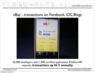 Social Media Social Networks




                     eBay - transactions on Facebook, iOS, Blogs




                    25,000 developers with 1,900 certiﬁed applications. 8 billion API
                            requests, transactions up 84 % annually.
    laurelpapworth.com                                                 https://www.facebook.com/Telstra24x7
Wednesday, 13 March 13
 