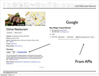 Social Media Social Networks




                         Google




                             From APIs

    laurelpapworth.com
Wednesday, 13 March 13
 