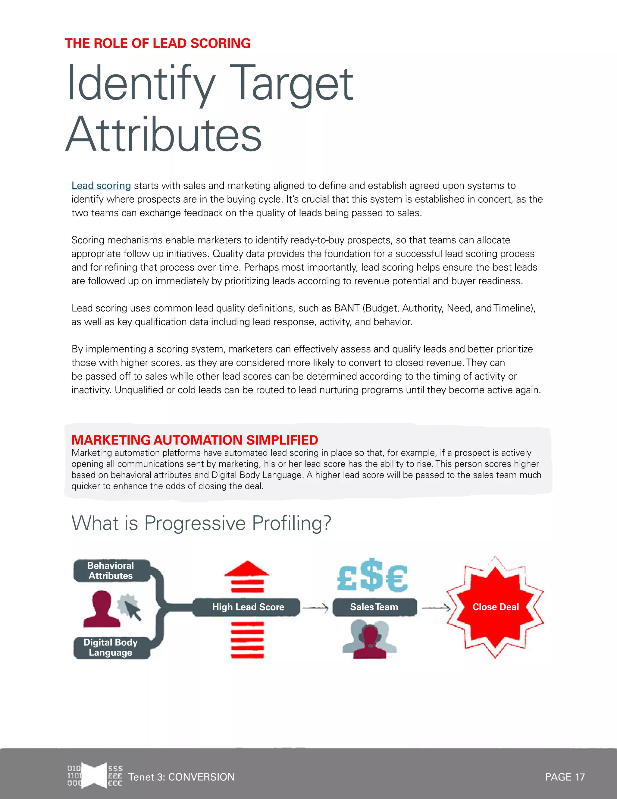 PAGE 17
Lead scoring starts with sales and marketing aligned to define and establish agreed upon systems to
identify where prospects are in the buying cycle. It’s crucial that this system is established in concert, as the
two teams can exchange feedback on the quality of leads being passed to sales.
Scoring mechanisms enable marketers to identify ready-to-buy prospects, so that teams can allocate
appropriate follow up initiatives. Quality data provides the foundation for a successful lead scoring process
and for refining that process over time. Perhaps most importantly, lead scoring helps ensure the best leads
are followed up on immediately by prioritizing leads according to revenue potential and buyer readiness.
Lead scoring uses common lead quality definitions, such as BANT (Budget, Authority, Need, andTimeline),
as well as key qualification data including lead response, activity, and behavior.
By implementing a scoring system, marketers can effectively assess and qualify leads and better prioritize
those with higher scores, as they are considered more likely to convert to closed revenue.They can
be passed off to sales while other lead scores can be determined according to the timing of activity or
inactivity. Unqualified or cold leads can be routed to lead nurturing programs until they become active again.
MARKETING AUTOMATION SIMPLIFIED
Marketing automation platforms have automated lead scoring in place so that, for example, if a prospect is actively
opening all communications sent by marketing, his or her lead score has the ability to rise. This person scores higher
based on behavioral attributes and Digital Body Language. A higher lead score will be passed to the sales team much
quicker to enhance the odds of closing the deal.
What is Progressive Profiling?
THE ROLE OF LEAD SCORING
Identify Target
Attributes
Tenet 3: CONVERSION
 