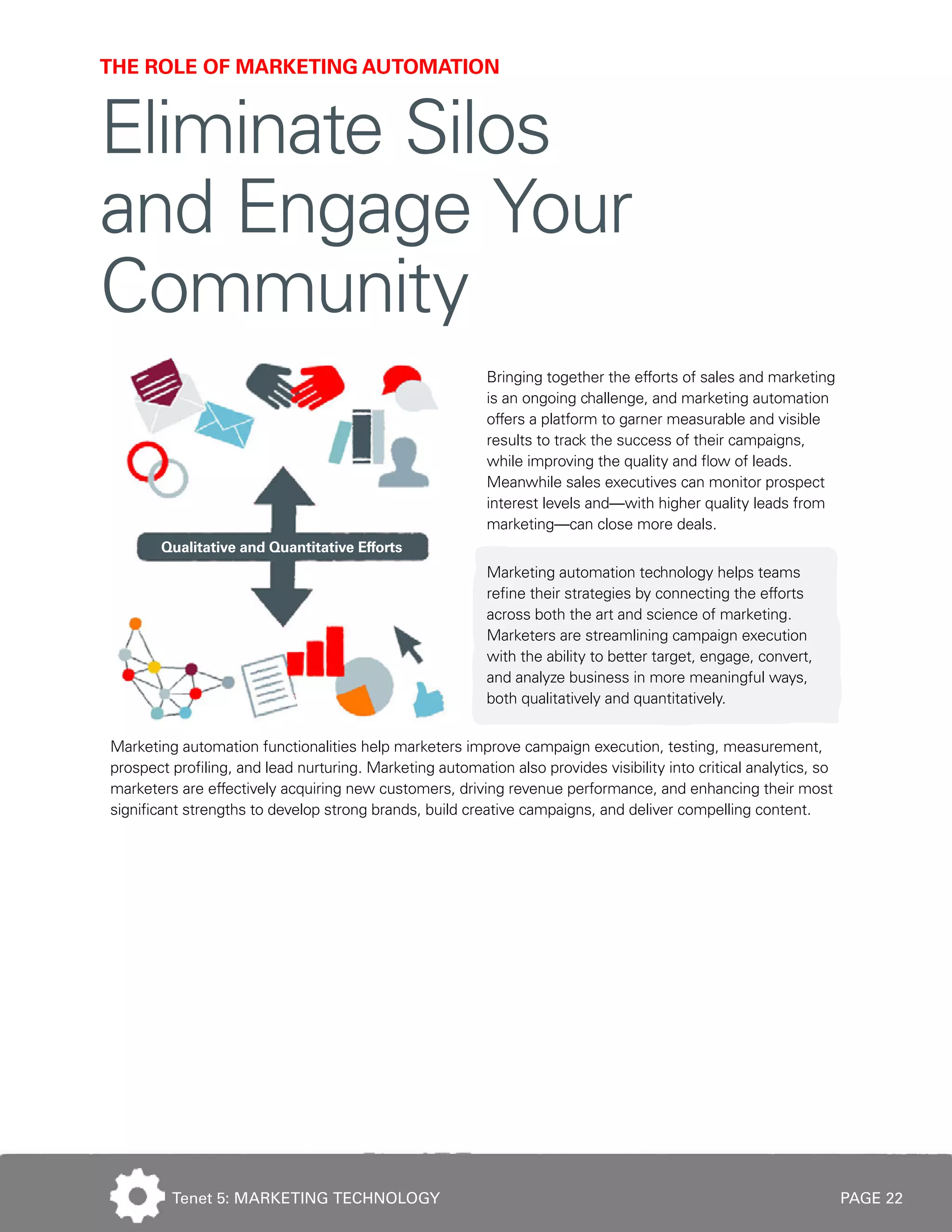 PAGE 22
Bringing together the efforts of sales and marketing
is an ongoing challenge, and marketing automation
offers a platform to garner measurable and visible
results to track the success of their campaigns,
while improving the quality and flow of leads.
Meanwhile sales executives can monitor prospect
interest levels and—with higher quality leads from
marketing—can close more deals.
Marketing automation technology helps teams
refine their strategies by connecting the efforts
across both the art and science of marketing.
Marketers are streamlining campaign execution
with the ability to better target, engage, convert,
and analyze business in more meaningful ways,
both qualitatively and quantitatively.
Marketing automation functionalities help marketers improve campaign execution, testing, measurement,
prospect profiling, and lead nurturing. Marketing automation also provides visibility into critical analytics, so
marketers are effectively acquiring new customers, driving revenue performance, and enhancing their most
significant strengths to develop strong brands, build creative campaigns, and deliver compelling content.
THE ROLE OF MARKETING AUTOMATION
Eliminate Silos
and Engage Your
Community
Tenet 5: MARKETING TECHNOLOGY
 