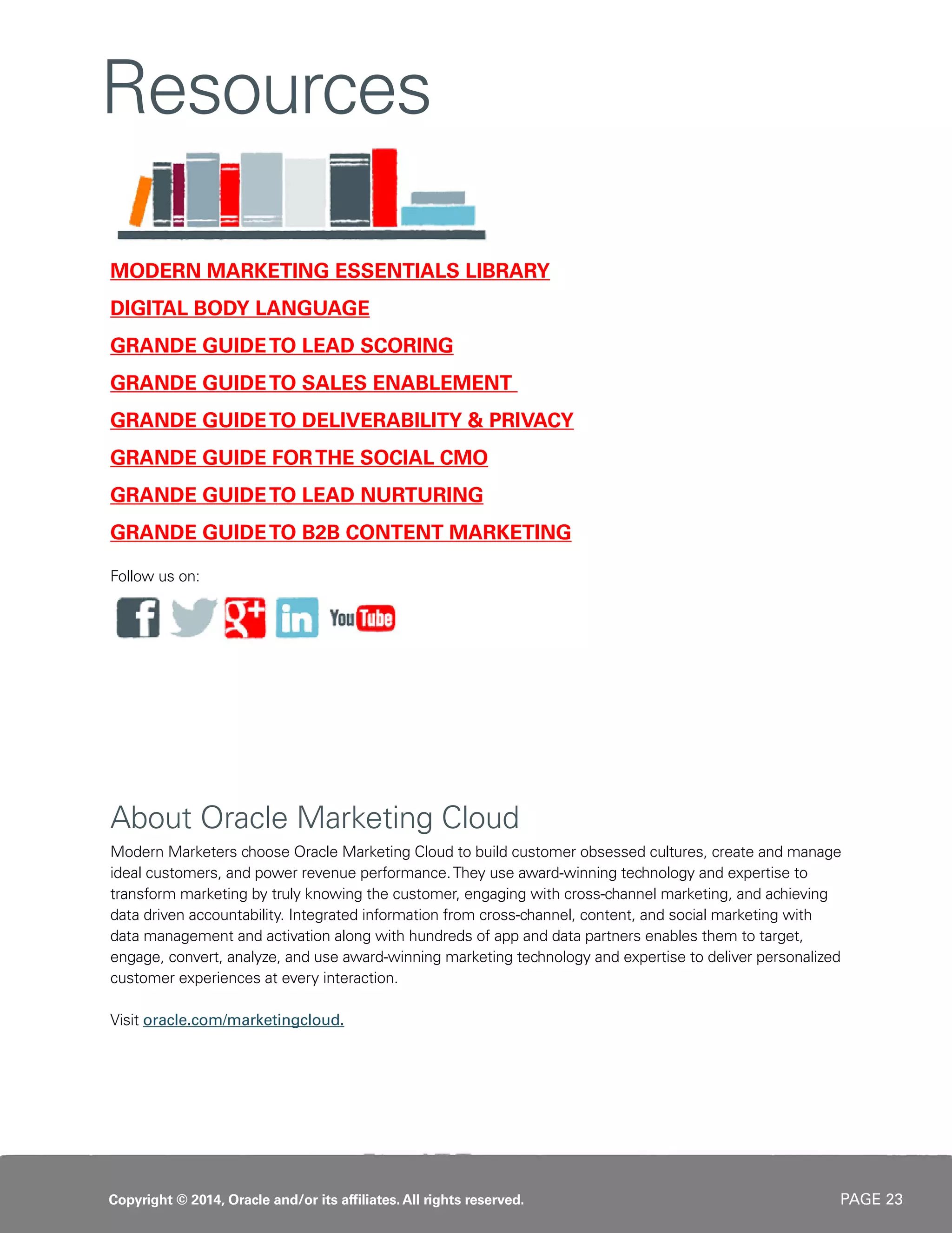 PAGE 23
MODERN MARKETING ESSENTIALS LIBRARY
DIGITAL BODY LANGUAGE
GRANDE GUIDETO LEAD SCORING
GRANDE GUIDETO SALES ENABLEMENT
GRANDE GUIDETO DELIVERABILITY & PRIVACY
GRANDE GUIDE FORTHE SOCIAL CMO
GRANDE GUIDETO LEAD NURTURING
GRANDE GUIDETO B2B CONTENT MARKETING
Follow us on:
About Oracle Marketing Cloud
Modern Marketers choose Oracle Marketing Cloud to build customer obsessed cultures, create and manage
ideal customers, and power revenue performance.They use award-winning technology and expertise to
transform marketing by truly knowing the customer, engaging with cross-channel marketing, and achieving
data driven accountability. Integrated information from cross-channel, content, and social marketing with
data management and activation along with hundreds of app and data partners enables them to target,
engage, convert, analyze, and use award-winning marketing technology and expertise to deliver personalized
customer experiences at every interaction.
Visit oracle.com/marketingcloud.
Resources
Copyright © 2014, Oracle and/or its affiliates. All rights reserved.
 