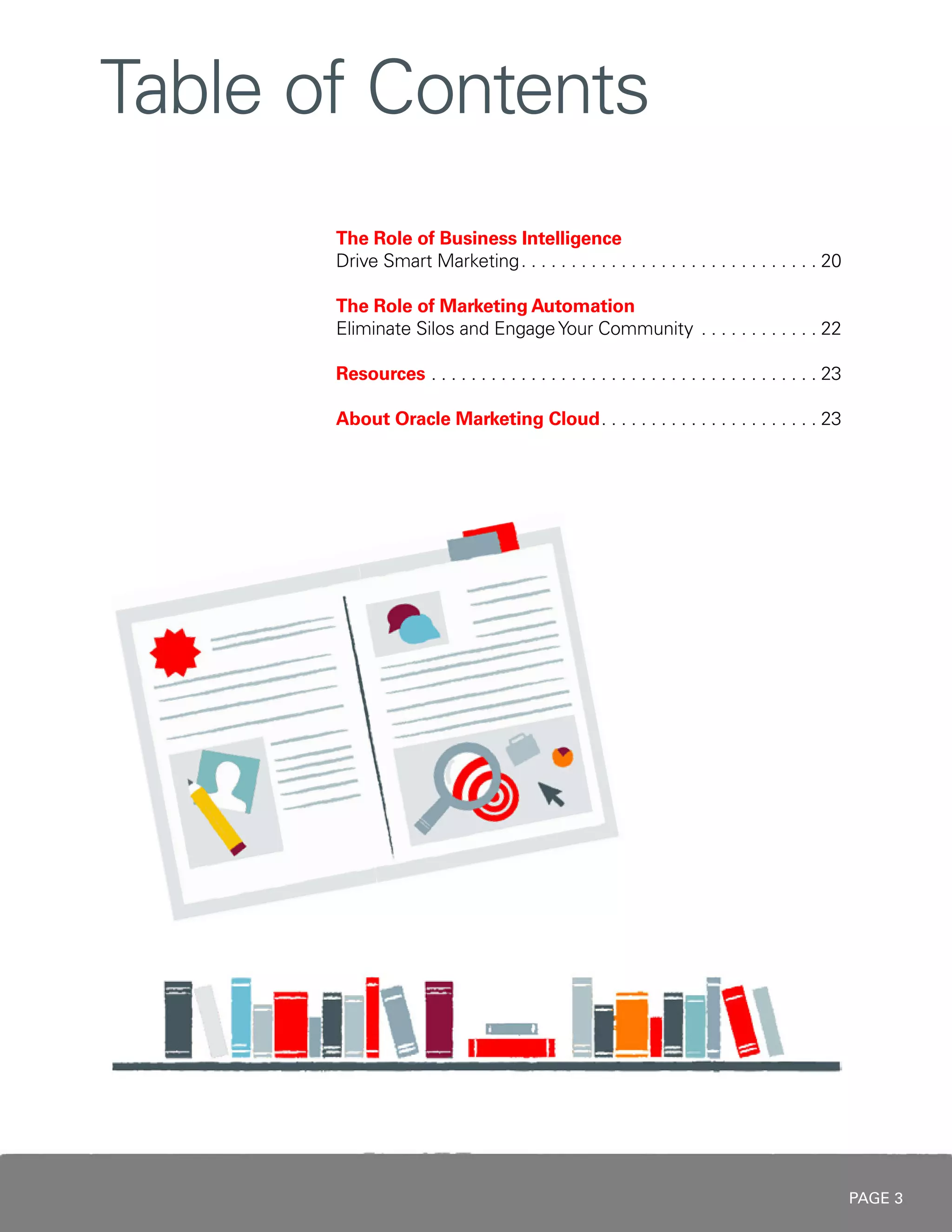 PAGE 3
Table of Contents
The Role of Business Intelligence
Drive Smart Marketing .  .  .  .  .  .  .  .  .  .  .  .  .  .  .  .  .  .  .  .  .  .  .  .  .  .  .  .  . 20
The Role of Marketing Automation
Eliminate Silos and EngageYour Community .  .  .  .  .  .  .  .  .  .  .  . 22
Resources .  .  .  .  .  .  .  .  .  .  .  .  .  .  .  .  .  .  .  .  .  .  .  .  .  .  .  .  .  .  .  .  .  .  .  .  .  .  . 23
About Oracle Marketing Cloud .  .  .  .  .  .  .  .  .  .  .  .  .  .  .  .  .  .  .  .  . 23
 
