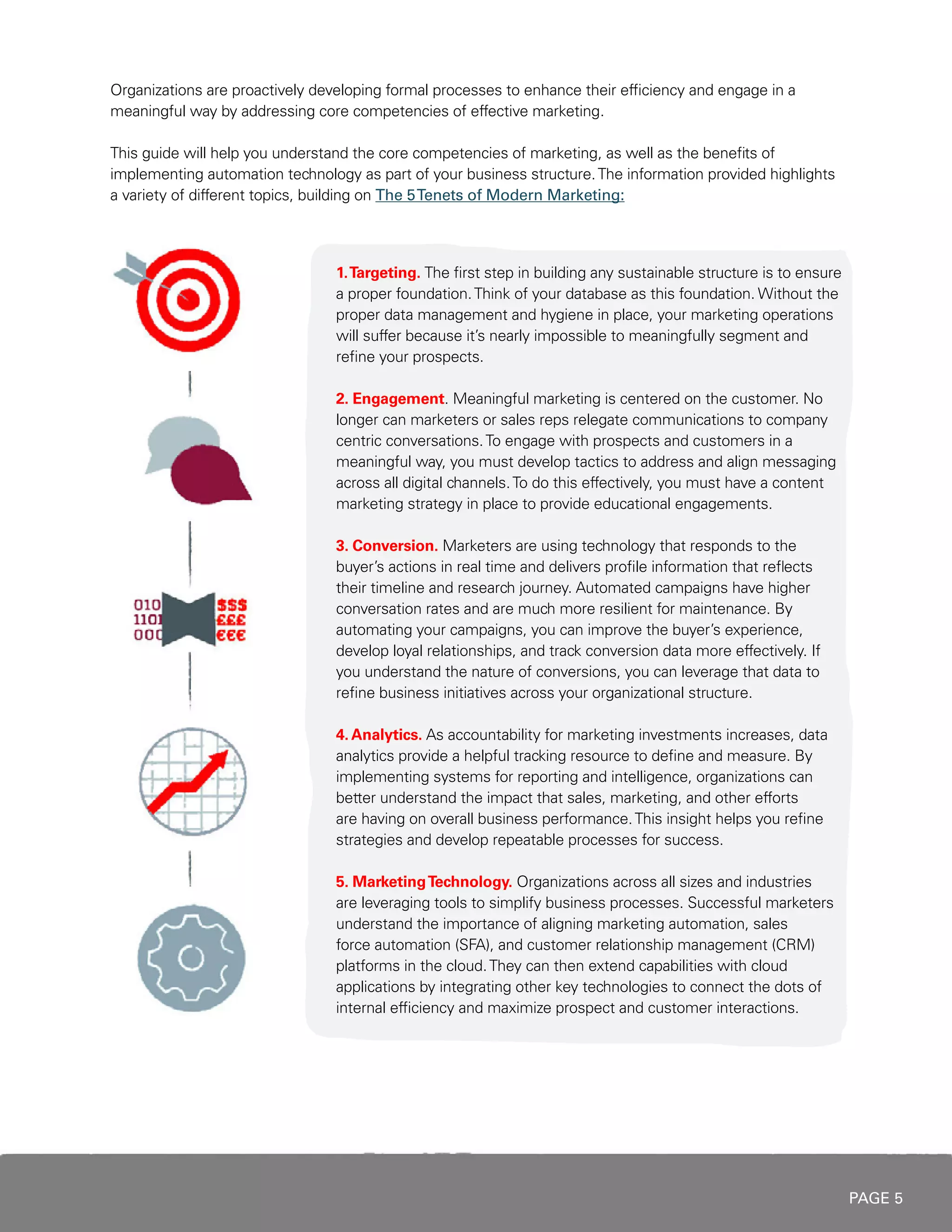 PAGE 5
1.Targeting. The first step in building any sustainable structure is to ensure
a proper foundation.Think of your database as this foundation. Without the
proper data management and hygiene in place, your marketing operations
will suffer because it’s nearly impossible to meaningfully segment and
refine your prospects.
2. Engagement. Meaningful marketing is centered on the customer. No
longer can marketers or sales reps relegate communications to company
centric conversations.To engage with prospects and customers in a
meaningful way, you must develop tactics to address and align messaging
across all digital channels.To do this effectively, you must have a content
marketing strategy in place to provide educational engagements.
3. Conversion. Marketers are using technology that responds to the
buyer’s actions in real time and delivers profile information that reflects
their timeline and research journey. Automated campaigns have higher
conversation rates and are much more resilient for maintenance. By
automating your campaigns, you can improve the buyer’s experience,
develop loyal relationships, and track conversion data more effectively. If
you understand the nature of conversions, you can leverage that data to
refine business initiatives across your organizational structure.
4. Analytics. As accountability for marketing investments increases, data
analytics provide a helpful tracking resource to define and measure. By
implementing systems for reporting and intelligence, organizations can
better understand the impact that sales, marketing, and other efforts
are having on overall business performance.This insight helps you refine
strategies and develop repeatable processes for success.
5. MarketingTechnology. Organizations across all sizes and industries
are leveraging tools to simplify business processes. Successful marketers
understand the importance of aligning marketing automation, sales
force automation (SFA), and customer relationship management (CRM)
platforms in the cloud.They can then extend capabilities with cloud
applications by integrating other key technologies to connect the dots of
internal efficiency and maximize prospect and customer interactions.
Organizations are proactively developing formal processes to enhance their efficiency and engage in a
meaningful way by addressing core competencies of effective marketing.
This guide will help you understand the core competencies of marketing, as well as the benefits of
implementing automation technology as part of your business structure.The information provided highlights
a variety of different topics, building on The 5Tenets of Modern Marketing:
 