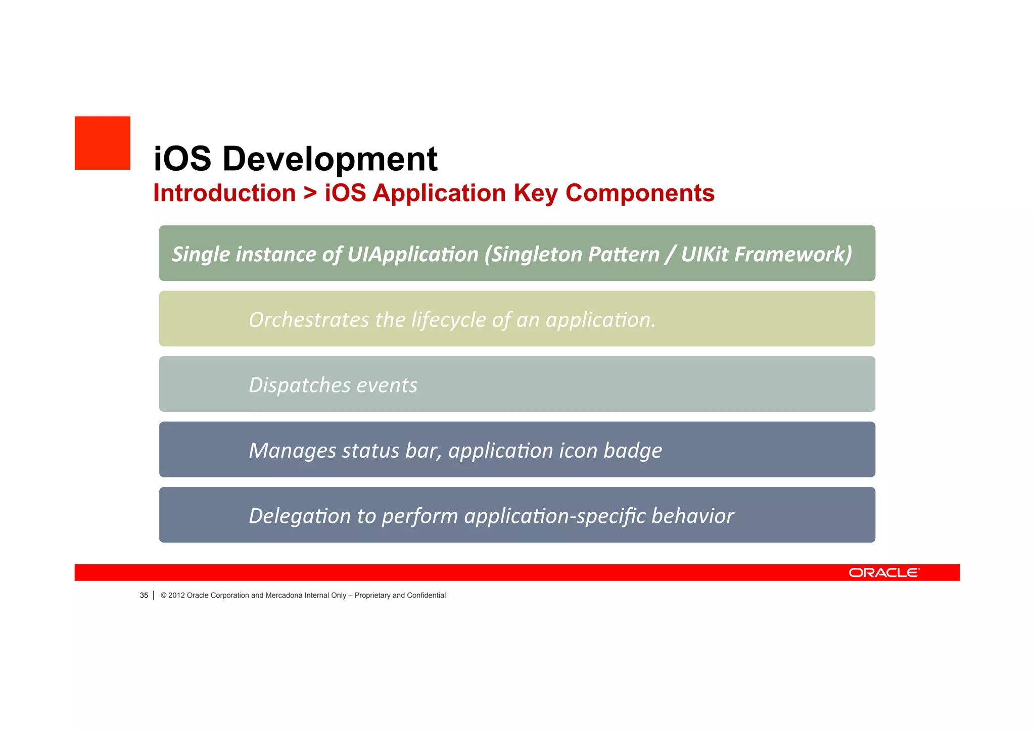 iOS Development
     Introduction > iOS Application Key Components

          	
  Single	
  instance	
  of	
  UIApplica2on	
  (Singleton	
  Pa5ern	
  /	
  UIKit	
  Framework)	
  

                                 	
  Orchestrates	
  the	
  lifecycle	
  of	
  an	
  applica?on.	
  

                                 	
  Dispatches	
  events	
  

                                 	
  Manages	
  status	
  bar,	
  applica?on	
  icon	
  badge	
  

                                 	
  Delega?on	
  to	
  perform	
  applica?on-­‐speciﬁc	
  behavior	
  


35   |   © 2012 Oracle Corporation and Mercadona Internal Only – Proprietary and Confidential
 